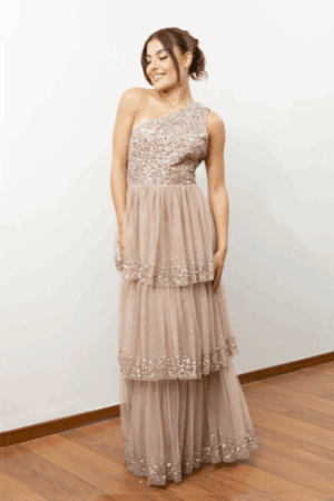 Maxi Βραδινό Φόρεμα Nude με Έναν Ώμο & Παγιέτες