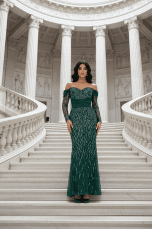 Μακρύ βραδινό φόρεμα σε βαθύ σμαραγδί χρώμα