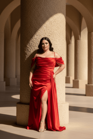 Κόκκινο Σατινέ Μακρύ Φόρεμα Off-Shoulder με Σκίσιμο