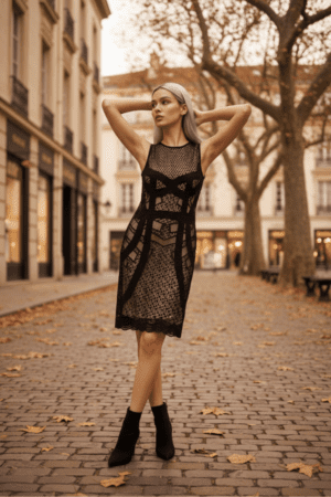 Midi φόρεμα σε μαύρη απόχρωση με διάφανες λεπτομέρειες