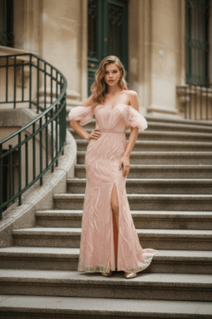 Maxi Φόρεμα Ροζ Σομόν με Τούλινα Μανίκια & Σκίσιμο