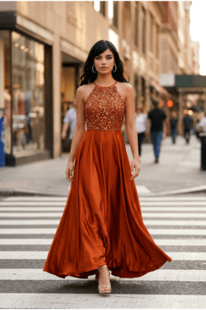 Βραδινό Maxi Φόρεμα με Παγιέτες σε Απόχρωση Χαλκού