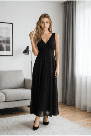 Κομψό Μαύρο Maxi Φόρεμα με Δαντελένιο Μπούστο