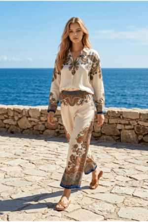 Σετ Πουκάμισο & Παντελόνα με Paisley Print σε Εκρού Απόχρωση