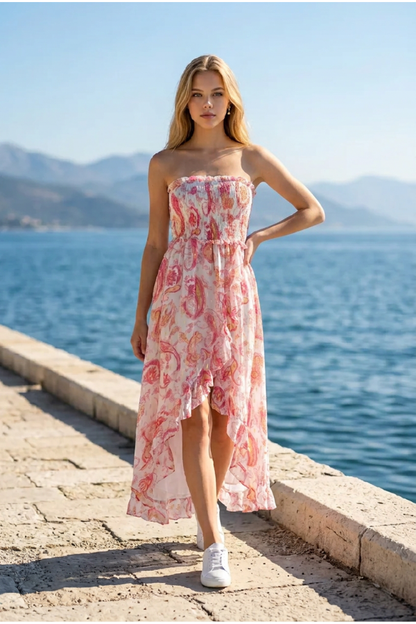 Γυναικείο Ασύμμετρο Strapless Φόρεμα με Paisley Print