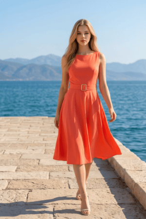 Midi φόρεμα σε κοραλί απόχρωση με ζώνη