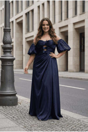 Maxi Φόρεμα με Αποσπώμενα Puff Μανίκια σε Μπλε Χρώμα