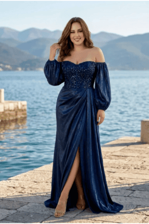 Maxi Φόρεμα με Αποσπώμενα Μανίκια σε Σκούρο Μπλε Χρώμα