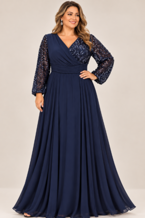 Maxi Φόρεμα σε Μπλε Navy με Δαντελένια Μανίκια