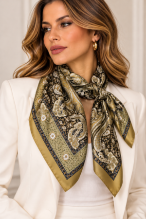 Εμπριμέ Φουλάρι 65×65 εκ. με Paisley Μοτίβο σε Λαδί Αποχρώσεις – Σε Κουτί