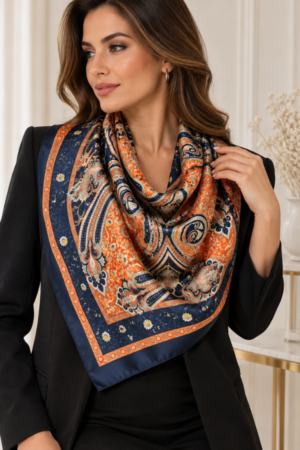 Εμπριμέ Φουλάρι σε Πορτοκαλί, Navy Blue & Εκρού Αποχρώσεις με Κουτί